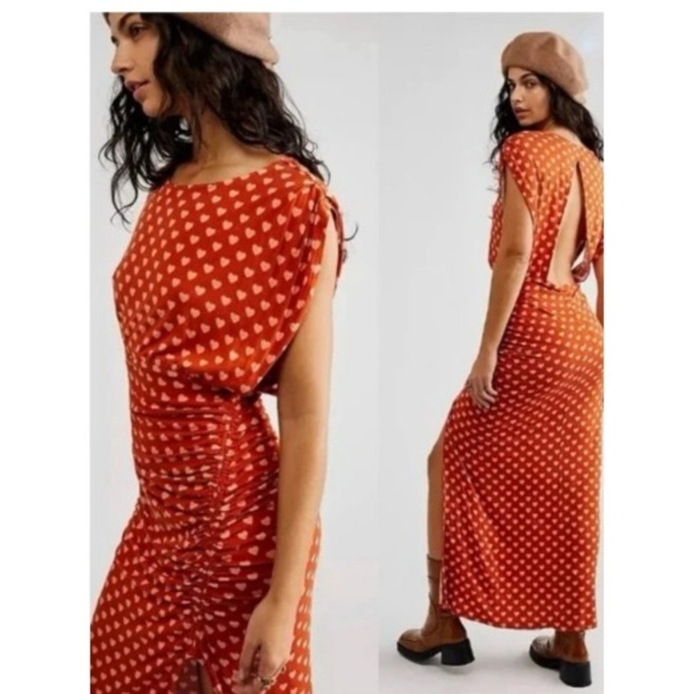 Free People Maxi Dress Womens S Rust Orange Heart Print Ruched Side Cutout Back